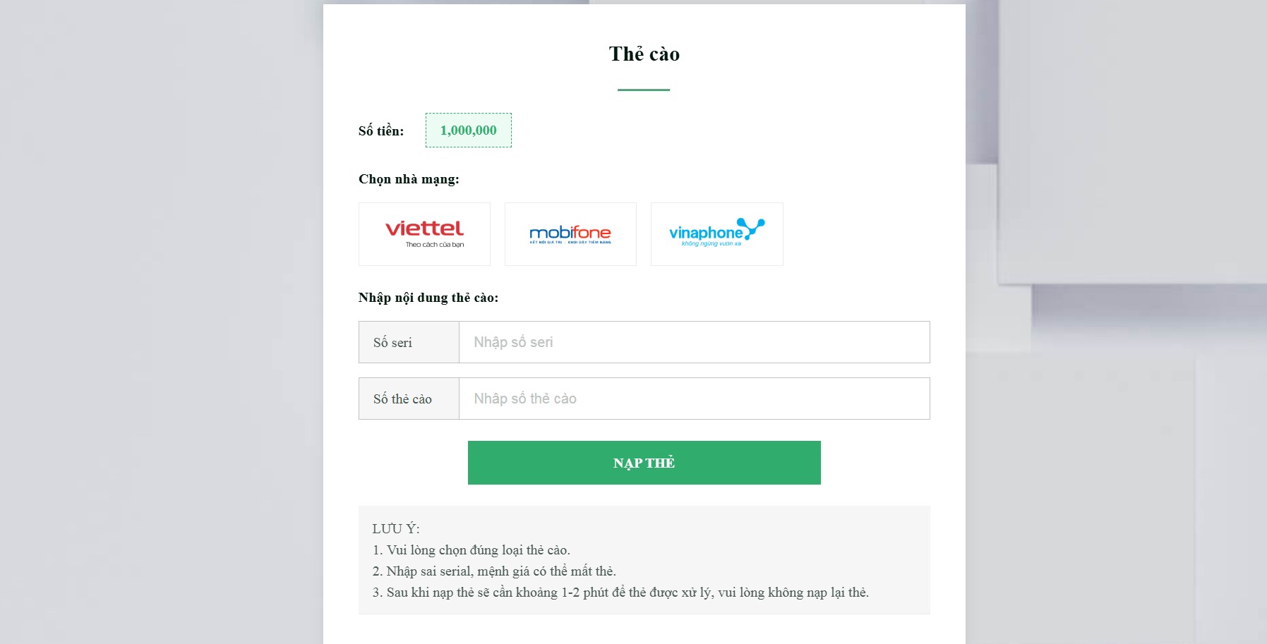 28BET cũng cho phép nộp tiền vào tài khoản bằng thẻ cào